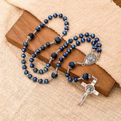 St Michael Blue Crystal Rosary Necklace with Tiger Eye Mystery Beads