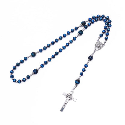 St Michael Blue Crystal Rosary Necklace with Tiger Eye Mystery Beads