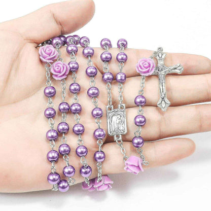 Purple Pearl Catholic Rosary Necklace Our Rose Lourdes Medal
