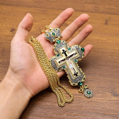 Green Zircon Stone 18K Gold-Plated Christian Pectoral Cross Pendant Necklace with Crystal Accents -Nazareth Store