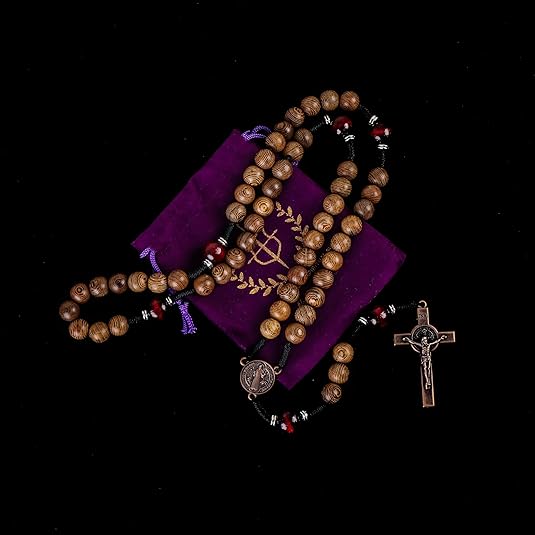 10mm olive wood beads and 12mm dark red wood mystery beads, this rosary offers a bold, strong design that’s perfect for men. 