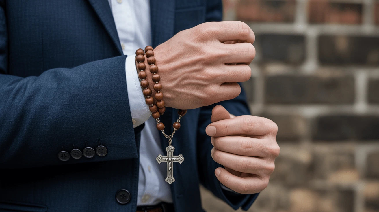 Person wearing a dark suit with a wooden rosary and cross, against a brick wall.