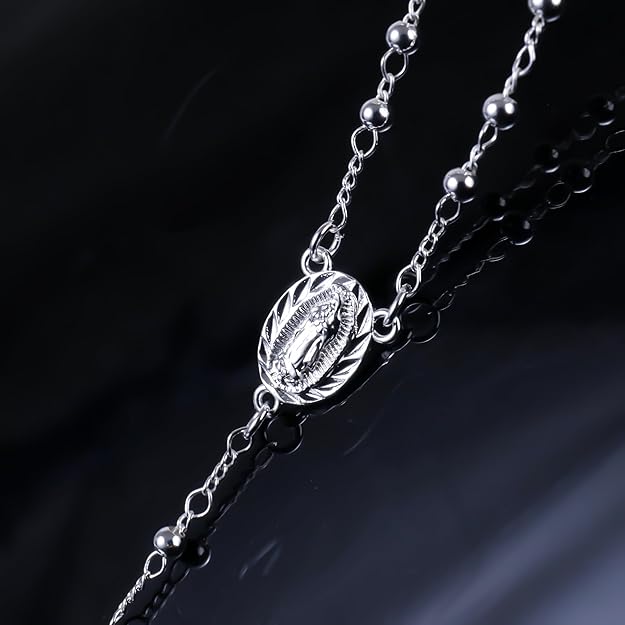 silver-plated rosary necklace featuring smooth 3 mm (0.12 inch) prayer beads, a finely detailed crucifix pendant measuring 1.3 cm (0.51 inch), and a classic Catholic design perfect for daily wear or devotional prayer.
