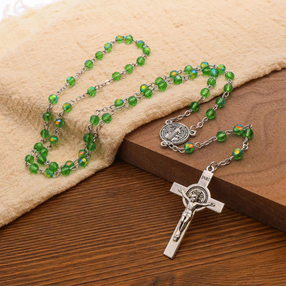 Green Crystallized Glass Beads Rosary Necklace with St Benedict Medal & Crucifix Handmade Christian Prayer Beads for Men & Women Catholic Religious Gift