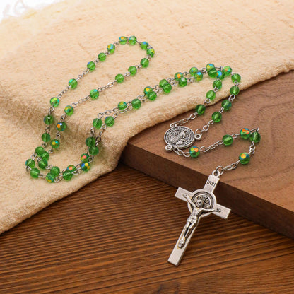 Green Crystallized Glass Beads Rosary Necklace with St Benedict Medal & Crucifix Handmade Christian Prayer Beads for Men & Women Catholic Religious Gift