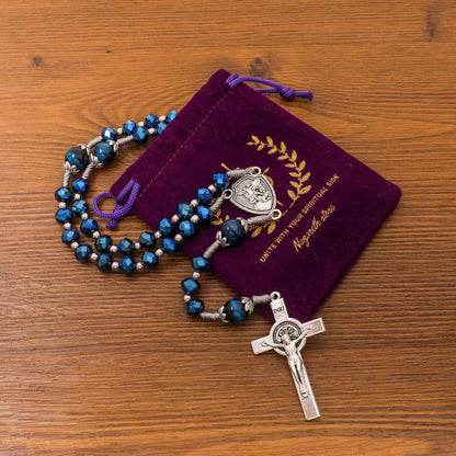 St Michael Blue Crystal Rosary Necklace with Tiger Eye Mystery Beads