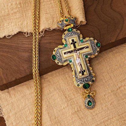 Green Zircon Stone 18K Gold-Plated Christian Pectoral Cross Pendant Necklace with Crystal Accents -Nazareth Store