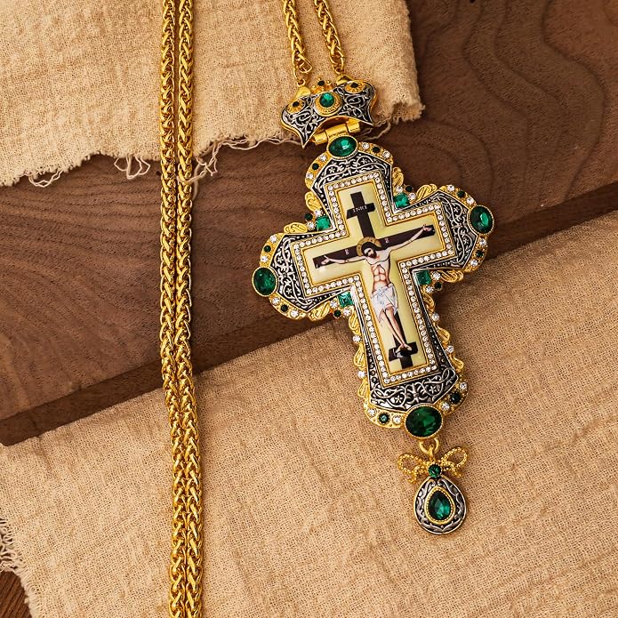 Green Zircon Stone 18K Gold-Plated Christian Pectoral Cross Pendant Necklace with Crystal Accents -Nazareth Store