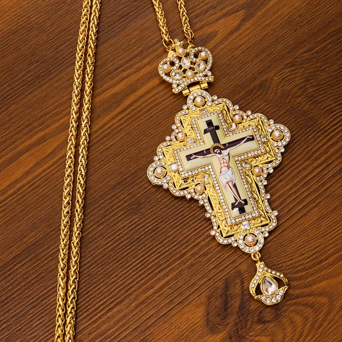 White Pearl 18K Gold-Plated Christian Pectoral Cross Pendant Necklace with Crystal Accents - Nazareth Store 