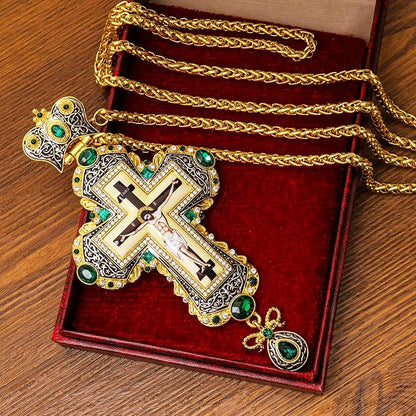 Green Zircon Stone 18K Gold-Plated Christian Pectoral Cross Pendant Necklace with Crystal Accents -Nazareth Store