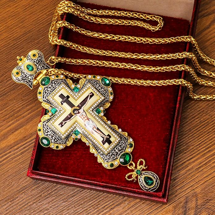 Green Zircon Stone 18K Gold-Plated Christian Pectoral Cross Pendant Necklace with Crystal Accents -Nazareth Store