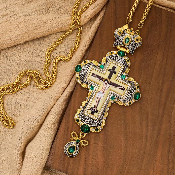 Green Zircon Stone 18K Gold-Plated Christian Pectoral Cross Pendant Necklace with Crystal Accents -Nazareth Store
