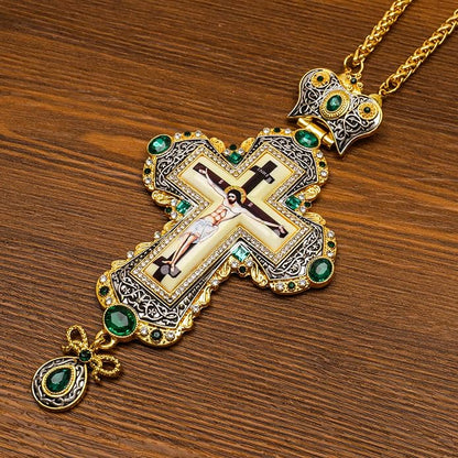 Green Zircon Stone 18K Gold-Plated Christian Pectoral Cross Pendant Necklace with Crystal Accents -Nazareth Store