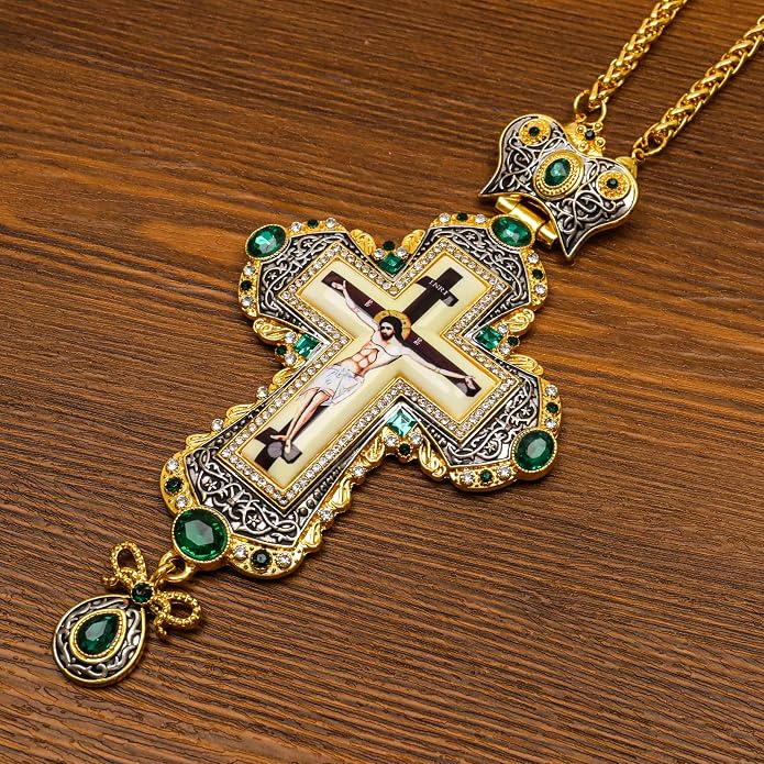 Green Zircon Stone 18K Gold-Plated Christian Pectoral Cross Pendant Necklace with Crystal Accents -Nazareth Store