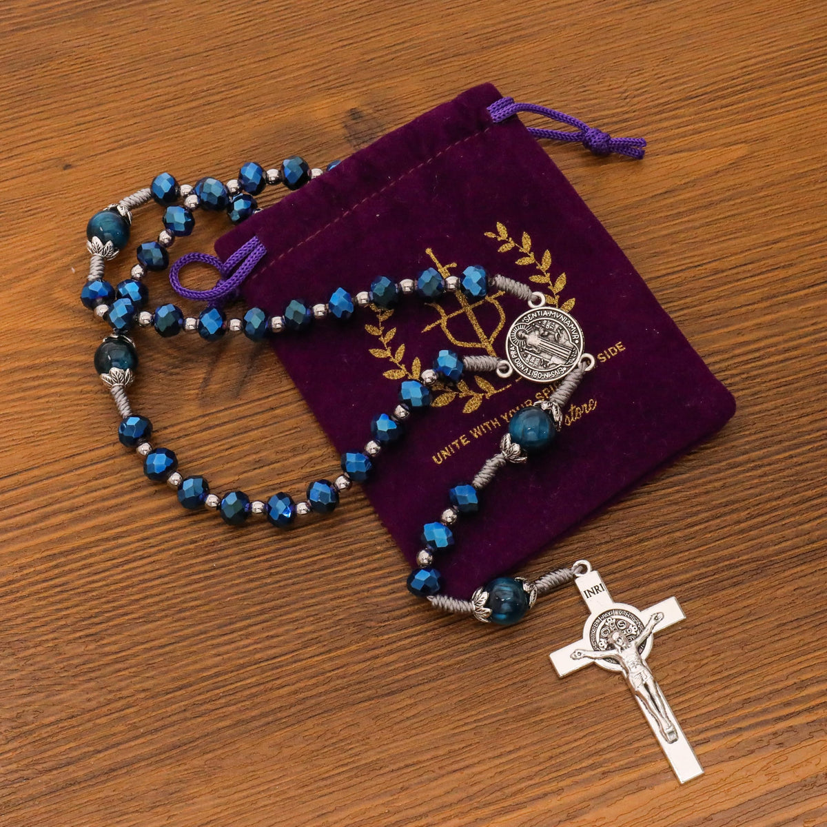 Blue Crystal Rosary Necklace with Tiger Eye Mystery Beads Silver-Plated St Benedict Medal & INRI Crucifix Handmade Catholic Prayer Beads Gift for Women & Men