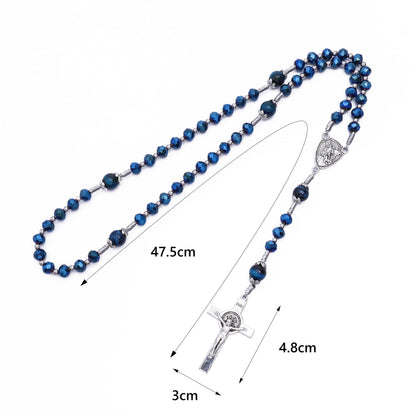St Michael Blue Crystal Rosary Necklace with Tiger Eye Mystery Beads