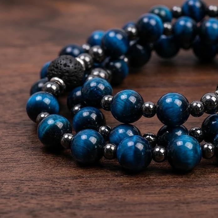 Blue Tiger Eye Rosary Necklace Lava Stone Prayer Beads with Our Father Medal & Crucifix - Nazareth Store 