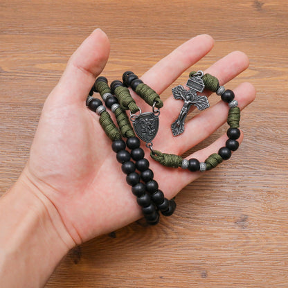 Men's Black Beaded Antique Olive Green Paracord Rosary Necklace with Silver St. Michael Medal & Pardon Crucifix