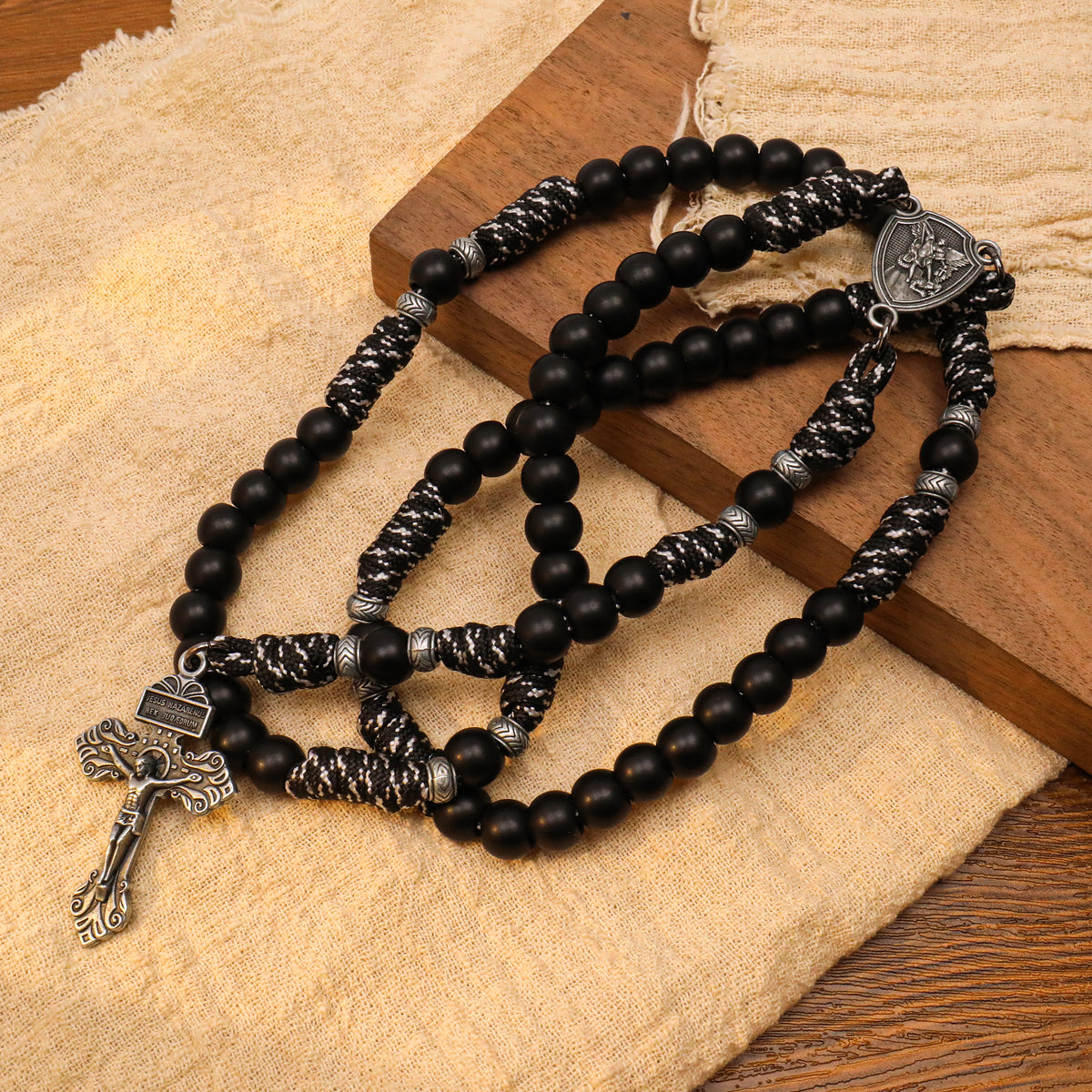 Men's Black Beaded Antique Black & White Paracord Rosary Necklace with Silver St. Michael Medal & Pardon Crucifix