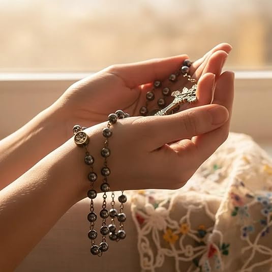 Hematite Rosary Necklace with Bronze Archangel Medal & St. Michael Cross - Nazareth Store