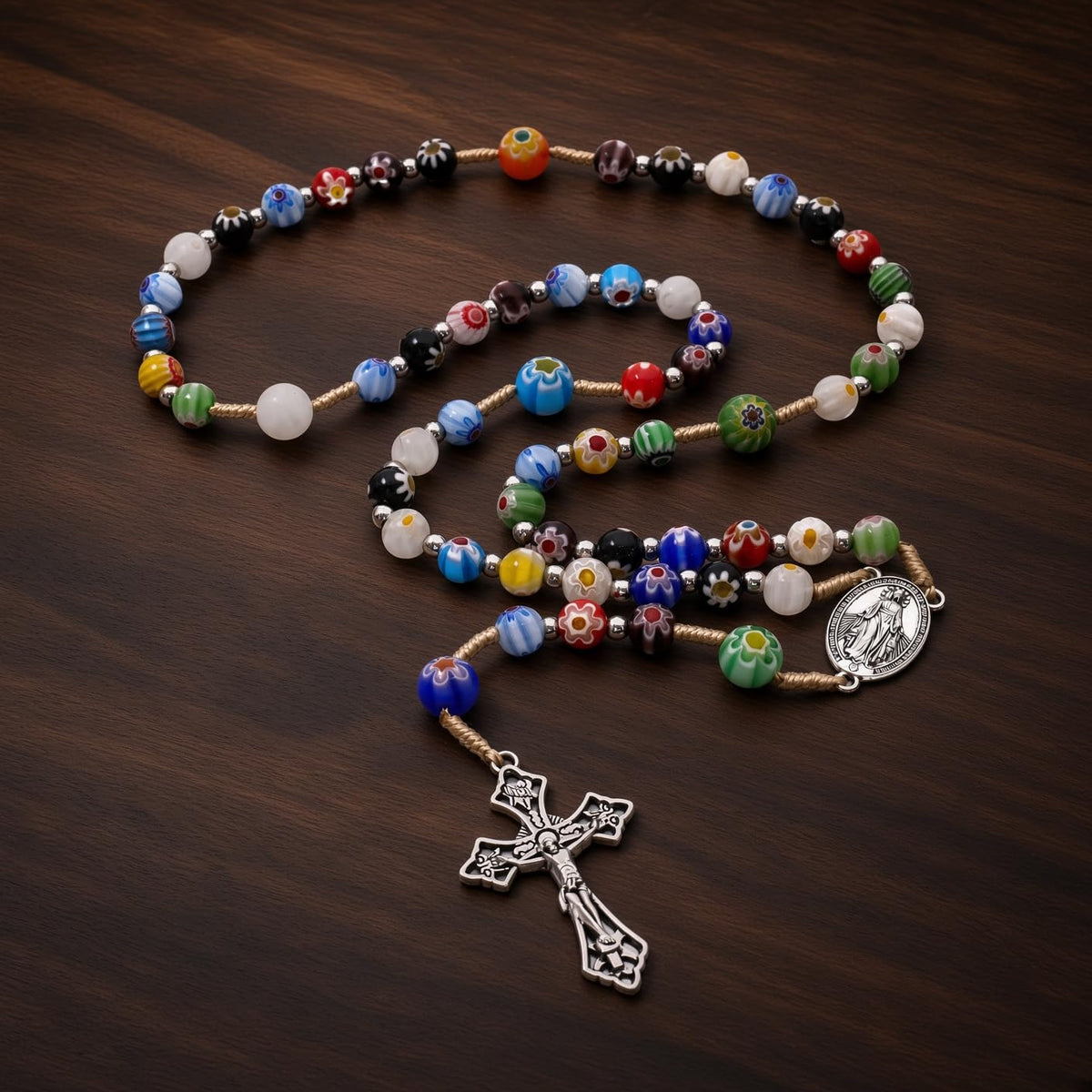 Millefiori Glass Catholic Rosary Miraculous Medal