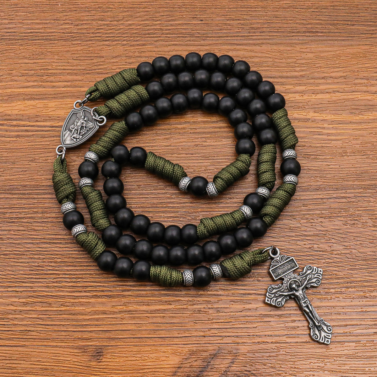 Men's Black Beaded Antique Olive Green Paracord Rosary Necklace with Silver St. Michael Medal & Pardon Crucifix