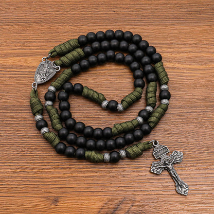 Men's Black Beaded Antique Olive Green Paracord Rosary Necklace with Silver St. Michael Medal & Pardon Crucifix