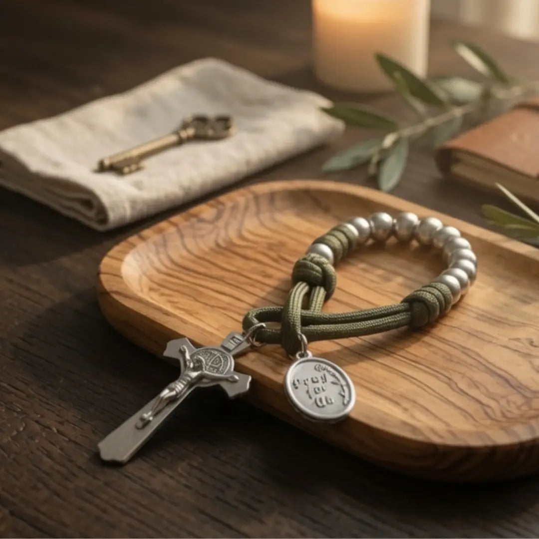 A beaded one decade rosary with olive green cord, silver-toned beads, a silver crucifix charm, and a round silver medallion, displayed on a wooden tray with a candle, cloth, and key in the background.