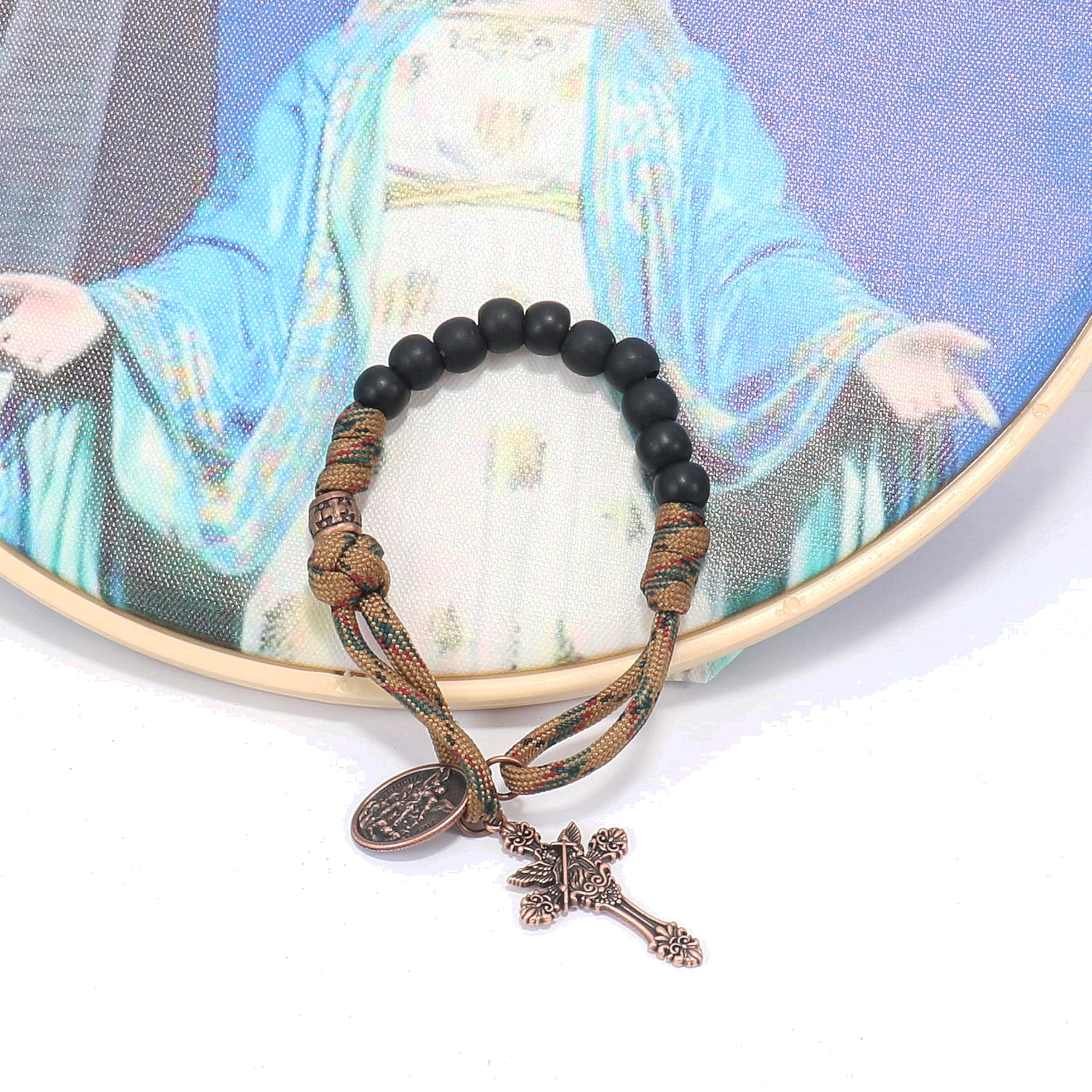 Antique Copper Strong durable single decade paracord Rosary, 10.00 mm black beads knotted with extremely strong Red with white cord