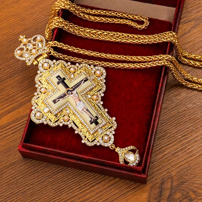 White Pearl 18K Gold-Plated Christian Pectoral Cross Pendant Necklace with Crystal Accents - Nazareth Store 