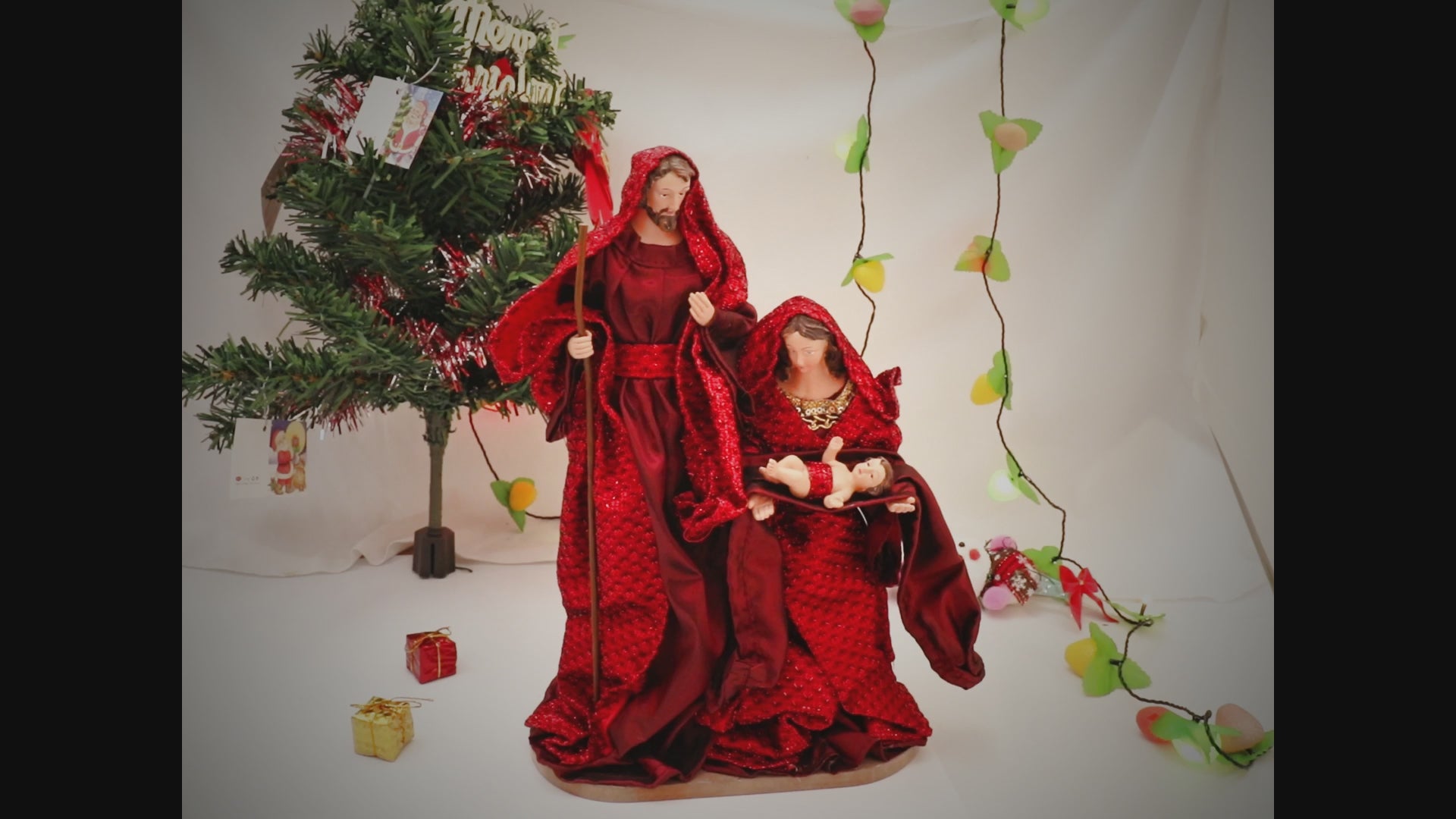 Load video: Nativity Christmas Set Red Fabric Clothes Holy Family 11.8&quot; Figurine