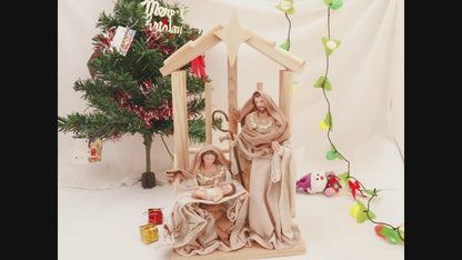 Pine Wood Nativity Set Holy Family in Cotton Fabric Clothes 14" Resin Figurine