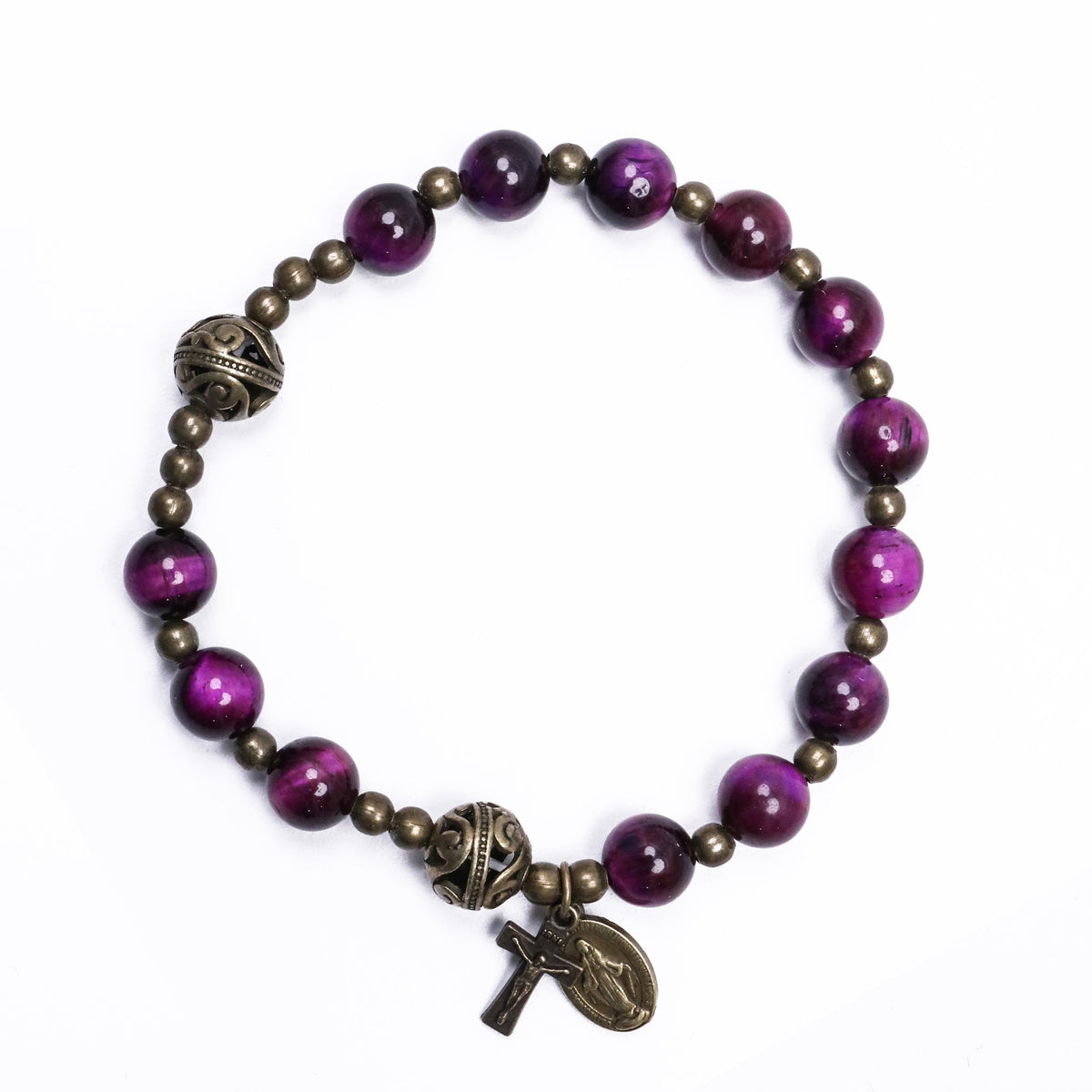 Purple tiger eye rosary bracelet with Miraculous Medal and cross