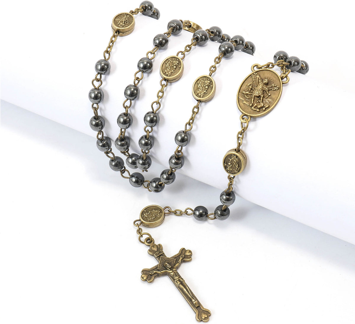 Black Hematite Stone Beads Rosary St. Michael Necklace with Metal Box - Nazareth Store
