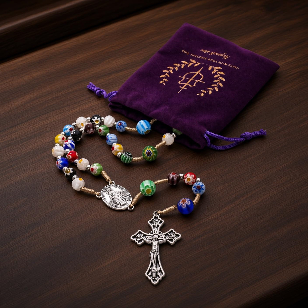 Millefiori Glass Catholic Rosary Miraculous Medal