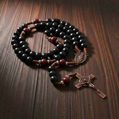 Handmade Black & Dark Red Wooden Rosary Necklace Antique Copper Miraculous Medal & Crucifix Catholic Prayer Beads for Men 