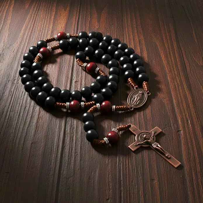 Handmade Black & Dark Red Wooden Rosary Necklace Antique Copper Miraculous Medal & Crucifix Catholic Prayer Beads for Men 