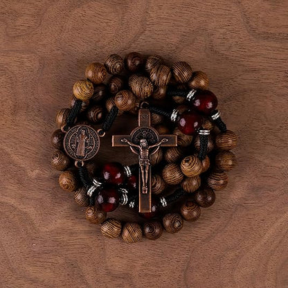 10mm olive wood beads and 12mm dark red wood mystery beads, this rosary offers a bold, strong design that’s perfect for men. 