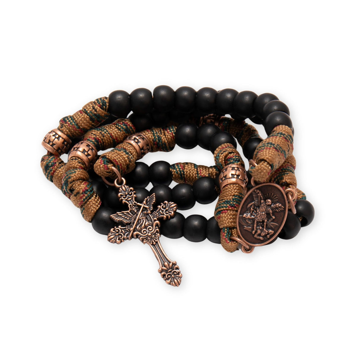 St. Michael paracord rosary with brown cord, black beads and INRI cross