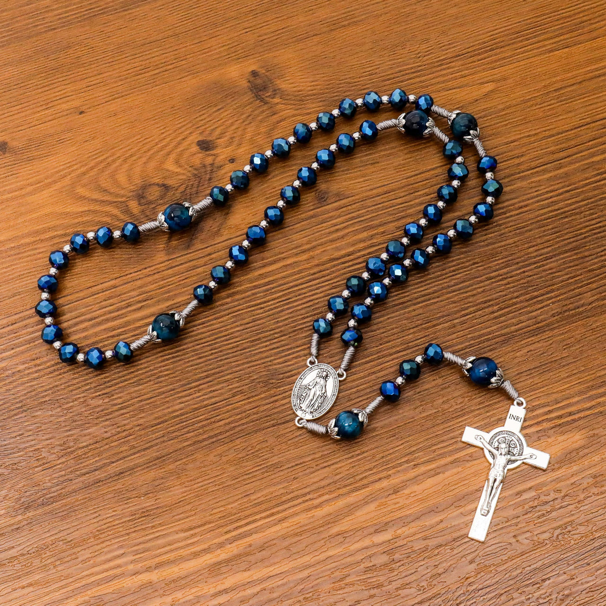 Blue Crystal Rosary Necklace with Tiger Eye Mystery Beads Silver-Plated Miraculous Medal & INRI Crucifix Handmade Catholic Prayer Beads Gift 