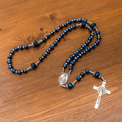 Blue Crystal Rosary Necklace with Tiger Eye Mystery Beads Silver-Plated Miraculous Medal & INRI Crucifix Handmade Catholic Prayer Beads Gift 