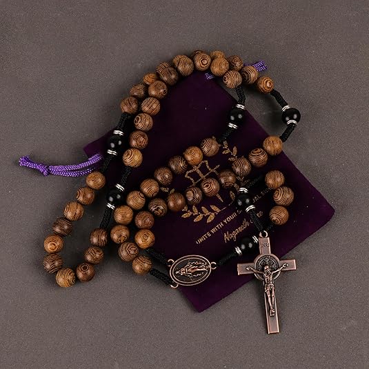 10mm olive and 10mm black wood mystery beads, this rosary offers a bold, strong design that’s perfect for men. 