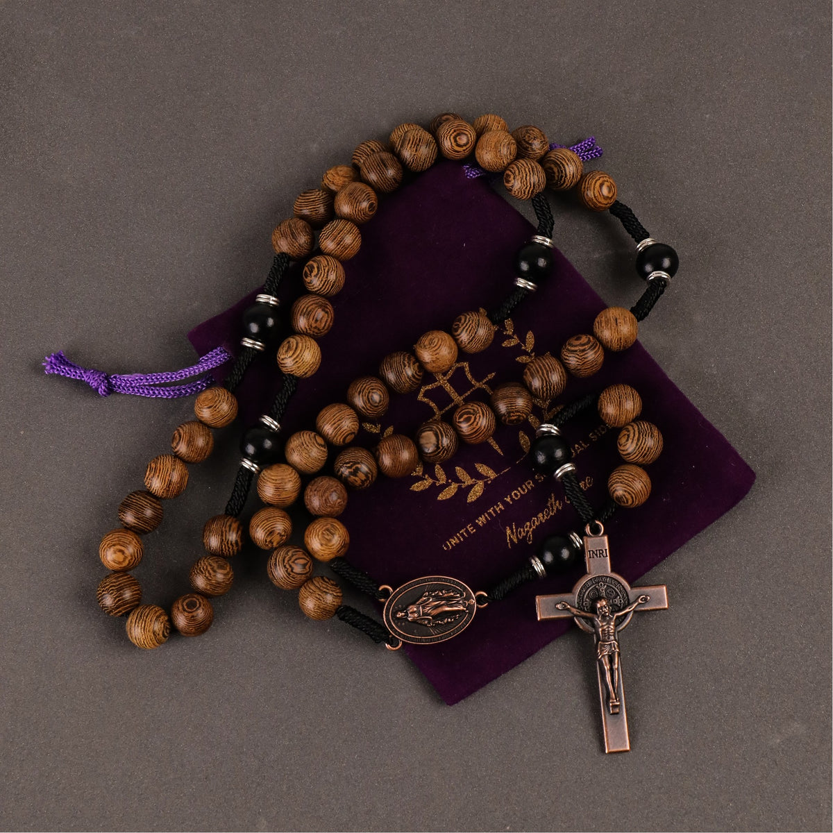 10mm olive and 10mm black wood mystery beads, this rosary offers a bold, strong design that’s perfect for men.