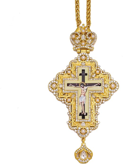 White Pearl 18K Gold-Plated Christian Pectoral Cross Pendant Necklace with Crystal Accents - Nazareth Store 