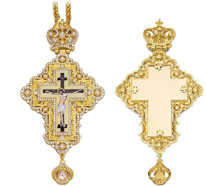 White Pearl 18K Gold-Plated Christian Pectoral Cross Pendant Necklace with Crystal Accents - Nazareth Store 