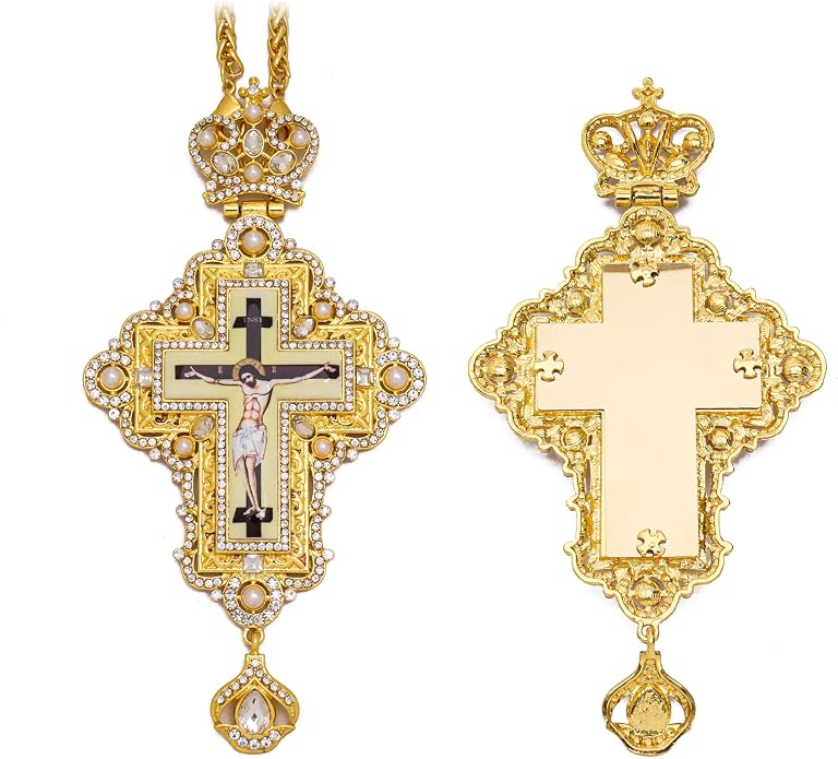 White Pearl 18K Gold-Plated Christian Pectoral Cross Pendant Necklace with Crystal Accents - Nazareth Store 