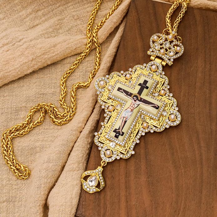 White Pearl 18K Gold-Plated Christian Pectoral Cross Pendant Necklace with Crystal Accents - Nazareth Store 
