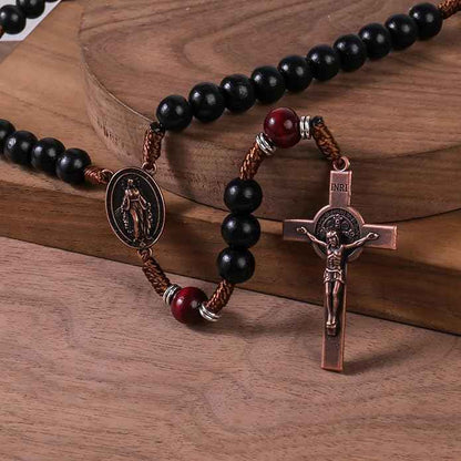 Handmade Black & Dark Red Wooden Rosary Necklace Antique Copper Miraculous Medal & Crucifix Catholic Prayer Beads for Men
