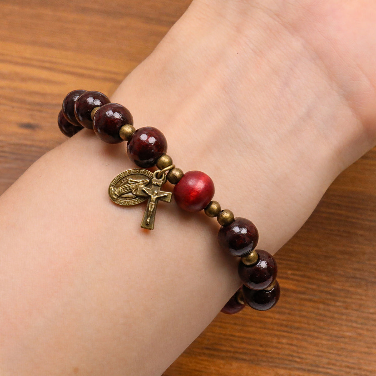 Dark Red Wooden Bead Rosary Bracelet with Antique Bronze Miraculous Medal & Cross