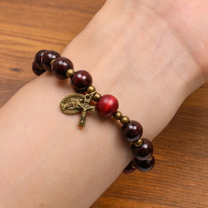 Dark Red Wooden Bead Rosary Bracelet with Antique Bronze Miraculous Medal & Cross